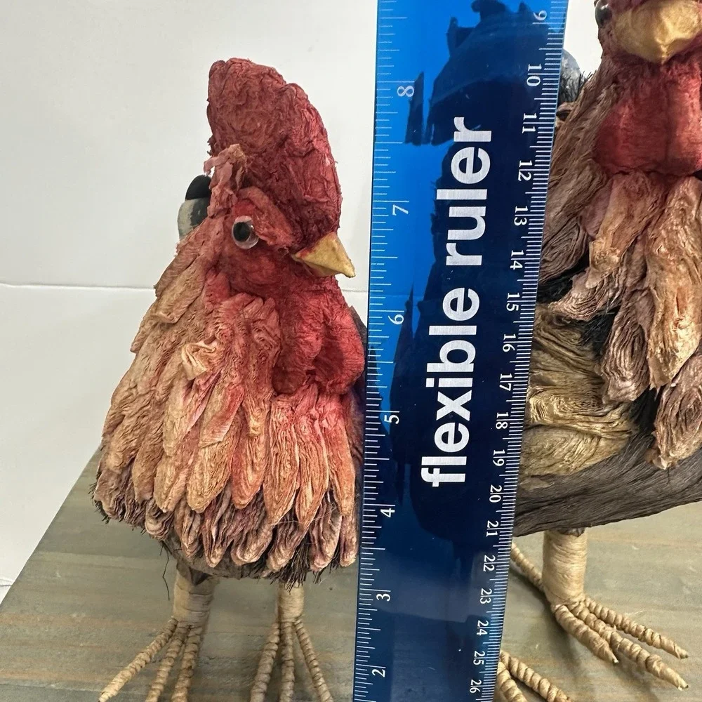 Set / 2 Vintage Paper Mache Rooster Chicken Hen Multi-colored Raffia Lightweight